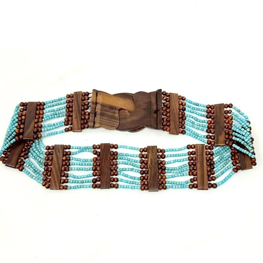 Boutique Dark Wood and Turquoise Color Beaded Boho Coastal Stretch Belt
